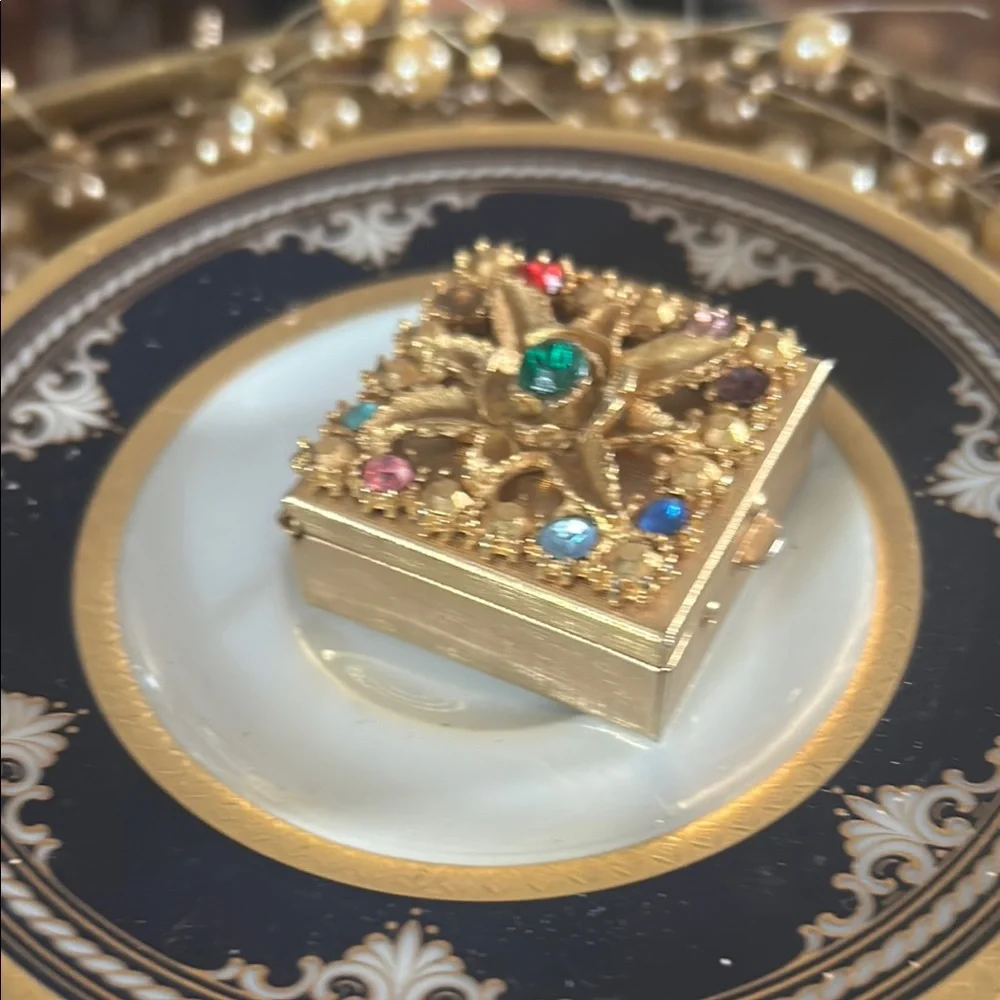 Vintage Gold & Rhinestone Pill Box